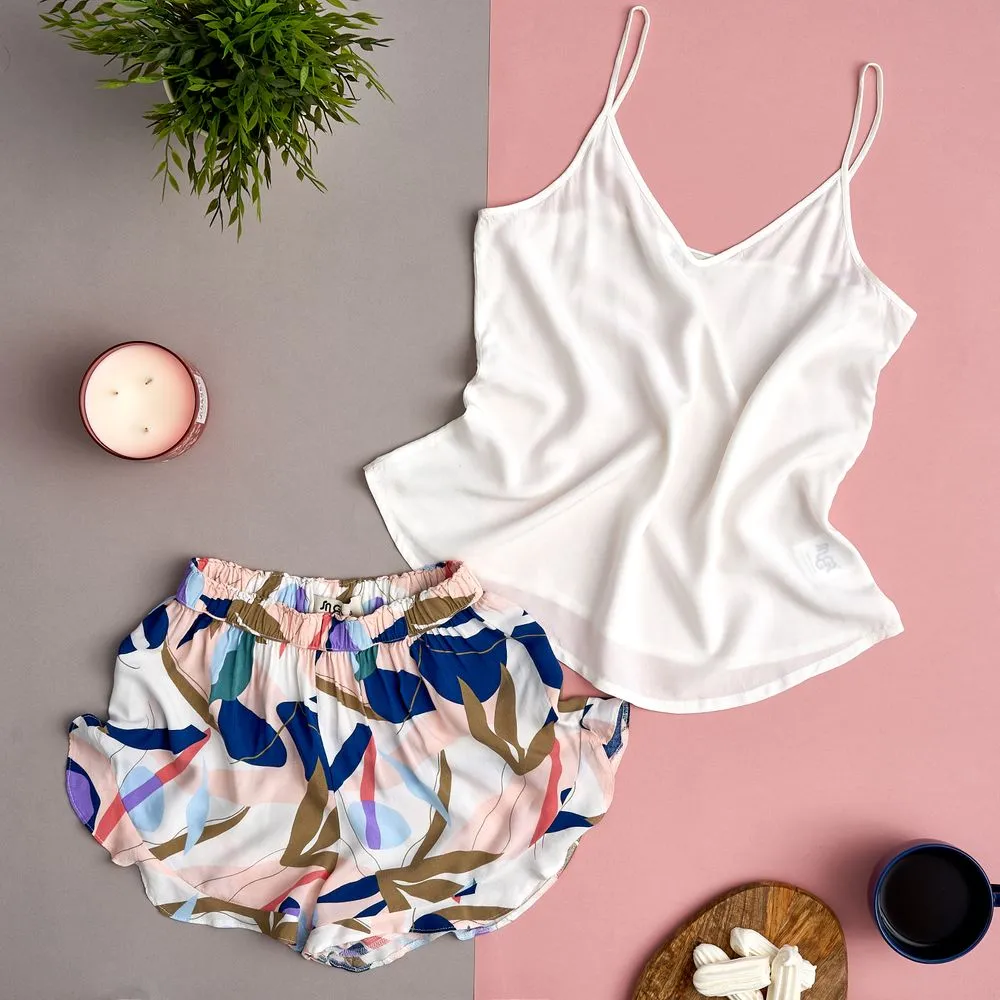 Women summer pajama set Off-white top   Ruffles blue leaves shorts