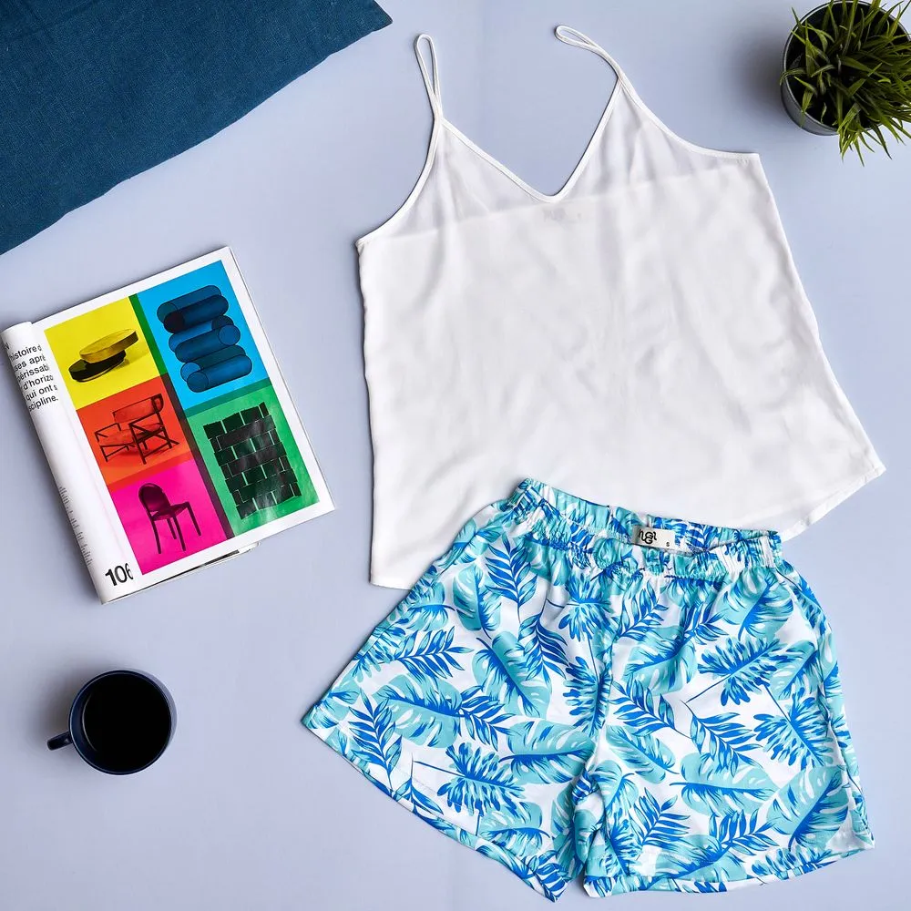 Women summer pajama set Off-white top   Tropical leaves shorts