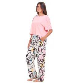 Women summer pajama set Pink Cropped top   Pink Abstract pattern pants