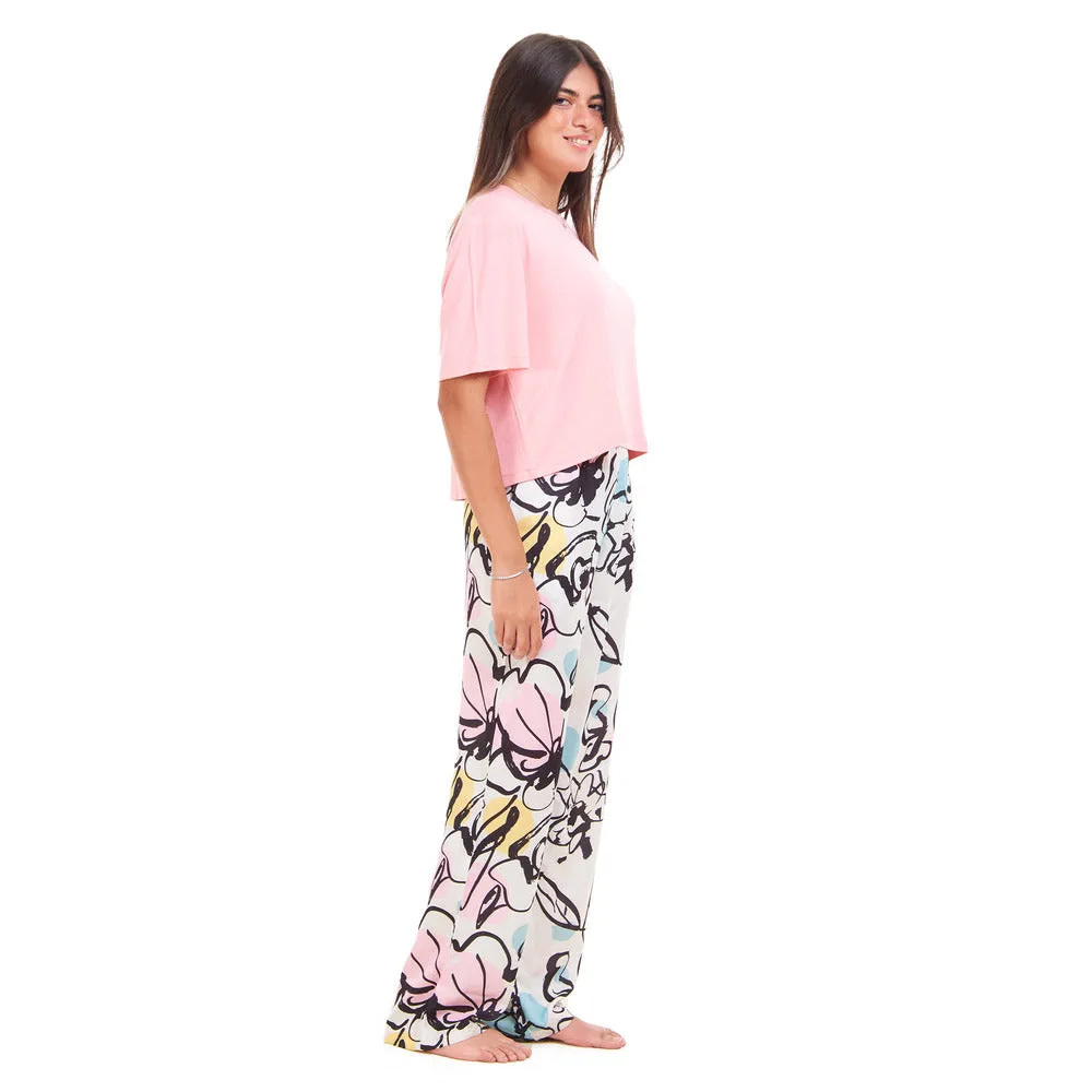 Women summer pajama set Pink Cropped top   Pink Abstract pattern pants