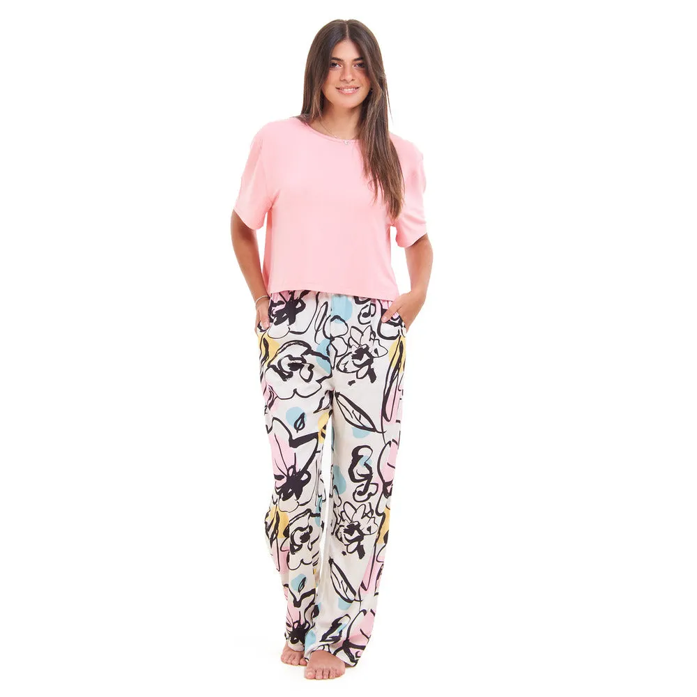 Women summer pajama set Pink Cropped top   Pink Abstract pattern pants