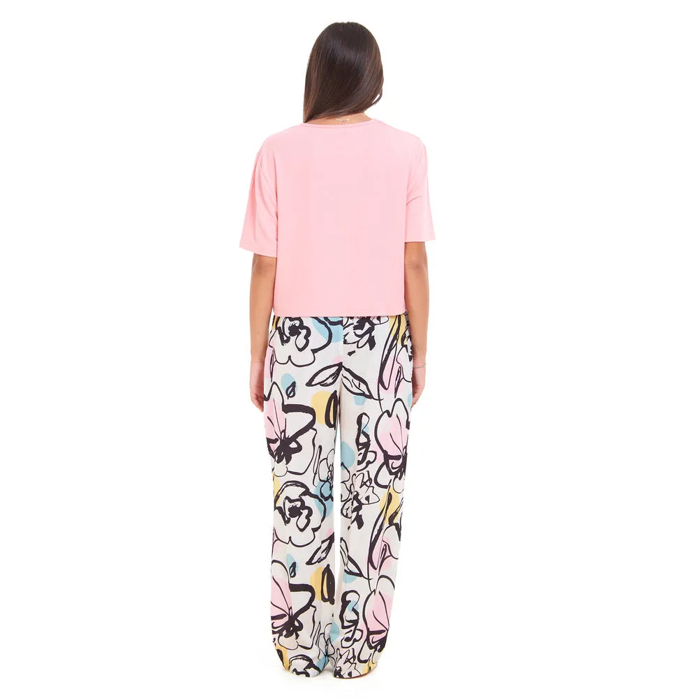 Women summer pajama set Pink Cropped top   Pink Abstract pattern pants