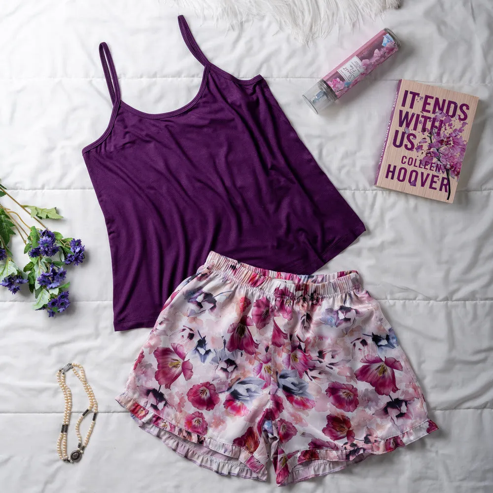 Women summer pajama set Purple top   Pink Floral Pattern shorts