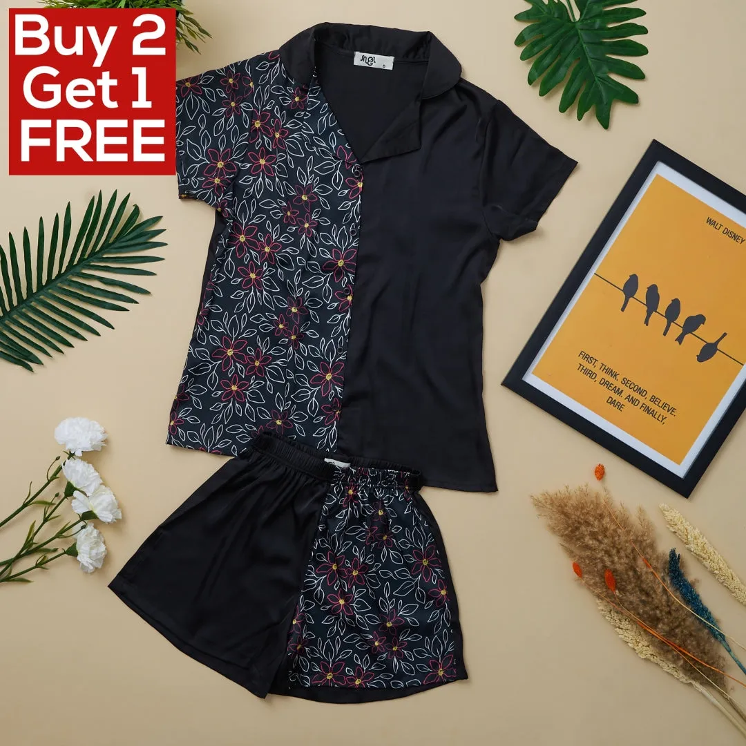 Women summer satin pajama set Black Flowered buttoned shirt  shorts