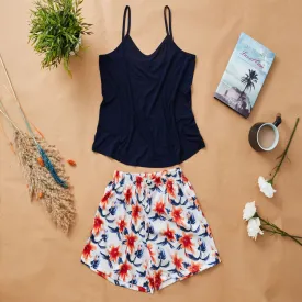 Women summer satin pajama set Dark blue Top  Orange x Dark blue flower shorts