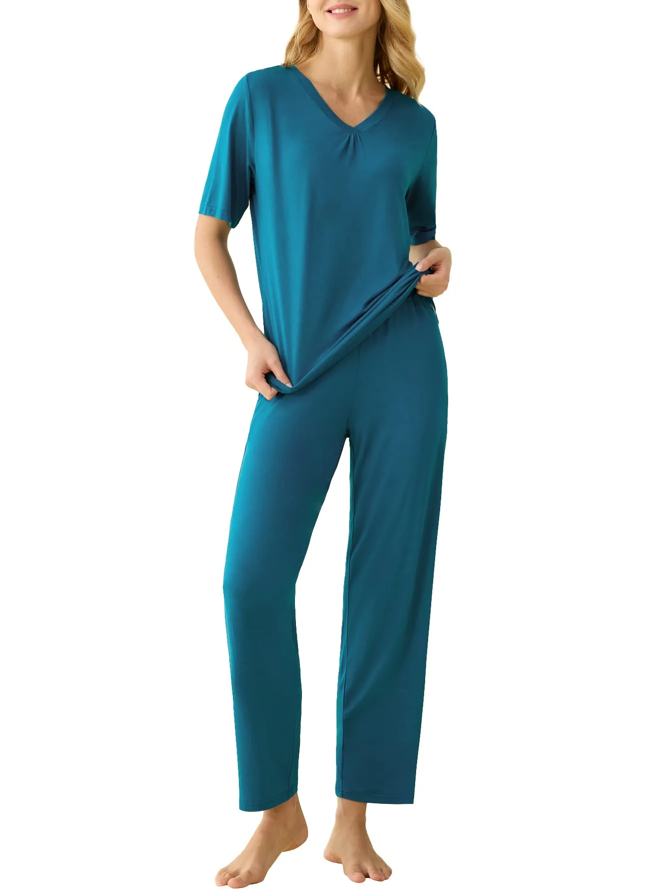 Women's Bamboo Viscose Pajama Set V-Neck Top Lounge Pants with Pockets