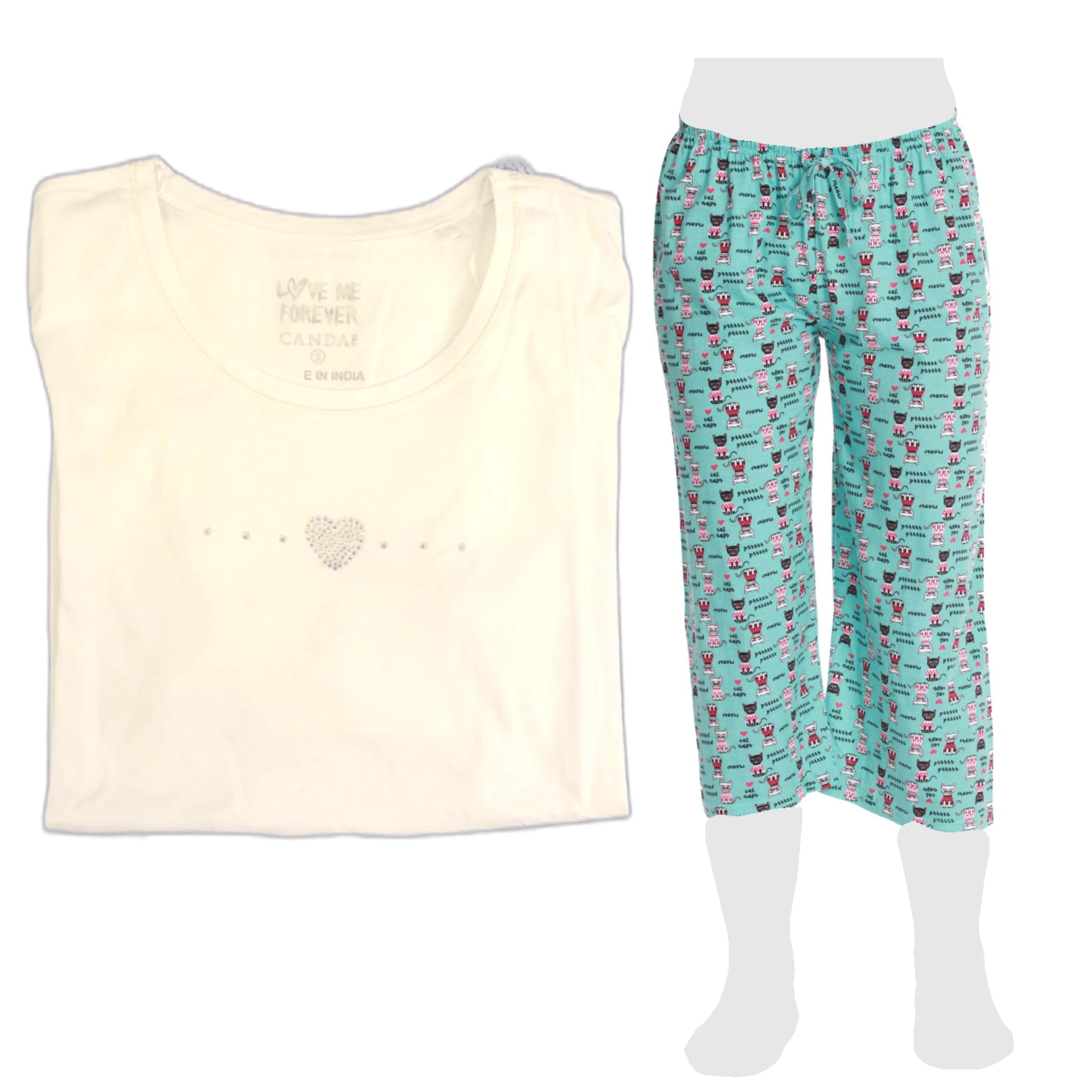 Women's Cozy Pajama Set Cute Cat Pants and Cotton Soft Heart T shirt by Just Love