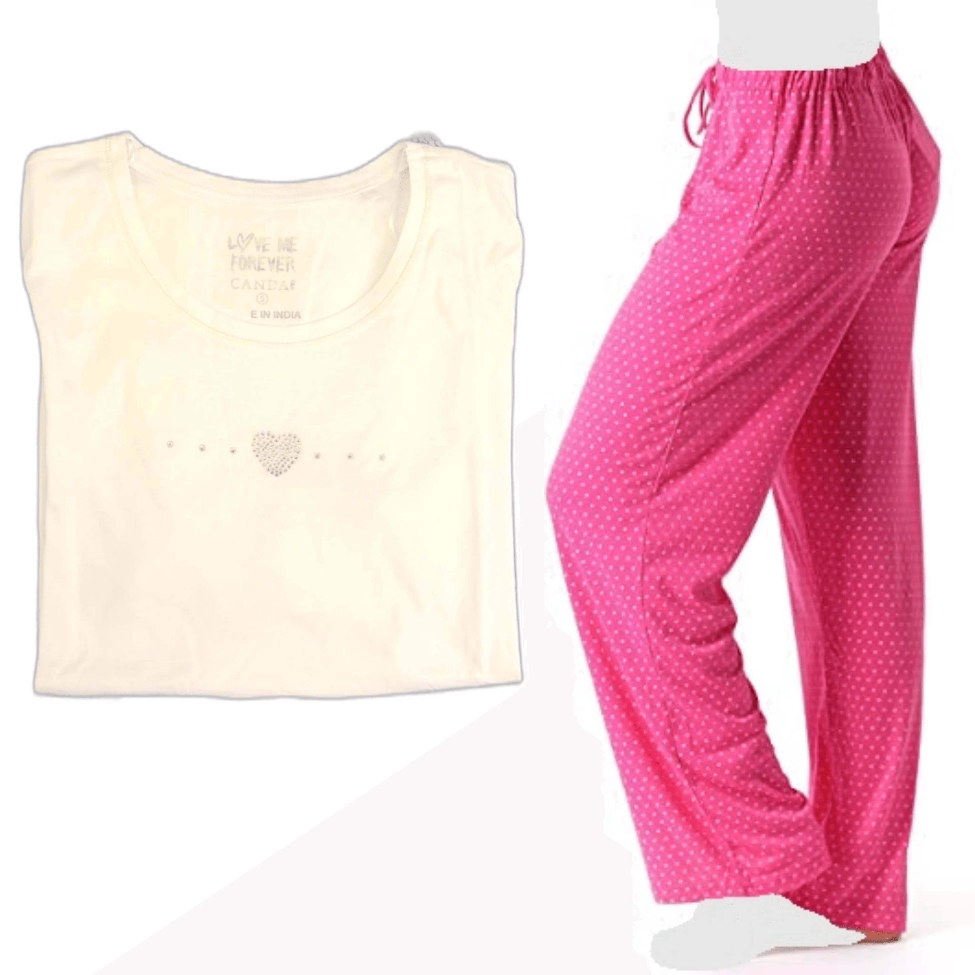 Women's Cozy Pajama Set Hot Pink Polka Dot Pants and Cotton Soft Heart T shirt by Just Love