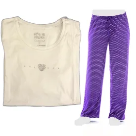 Women's Cozy Pajama Set Purple Polka Dot Pants and Cotton Soft Heart T shirt by Just Love