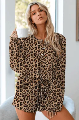 Womens Long Sleeve of 2 Piece Short Pajamas Set Nightwear Sleepwear Loungewear-Leopard