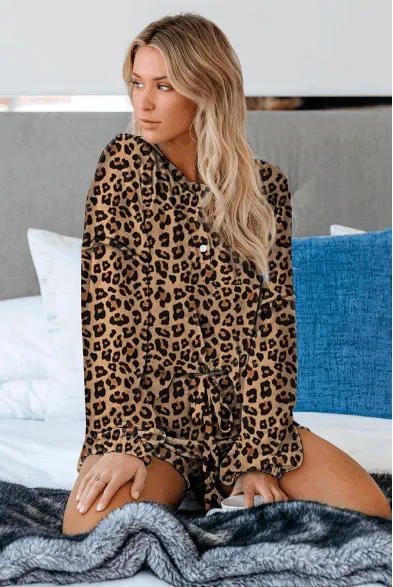 Womens Long Sleeve of 2 Piece Short Pajamas Set Nightwear Sleepwear Loungewear-Leopard