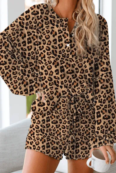 Womens Long Sleeve of 2 Piece Short Pajamas Set Nightwear Sleepwear Loungewear-Leopard