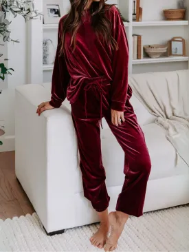 Womens Luxurious Burgundy Velvet Two-Piece Lounge Set