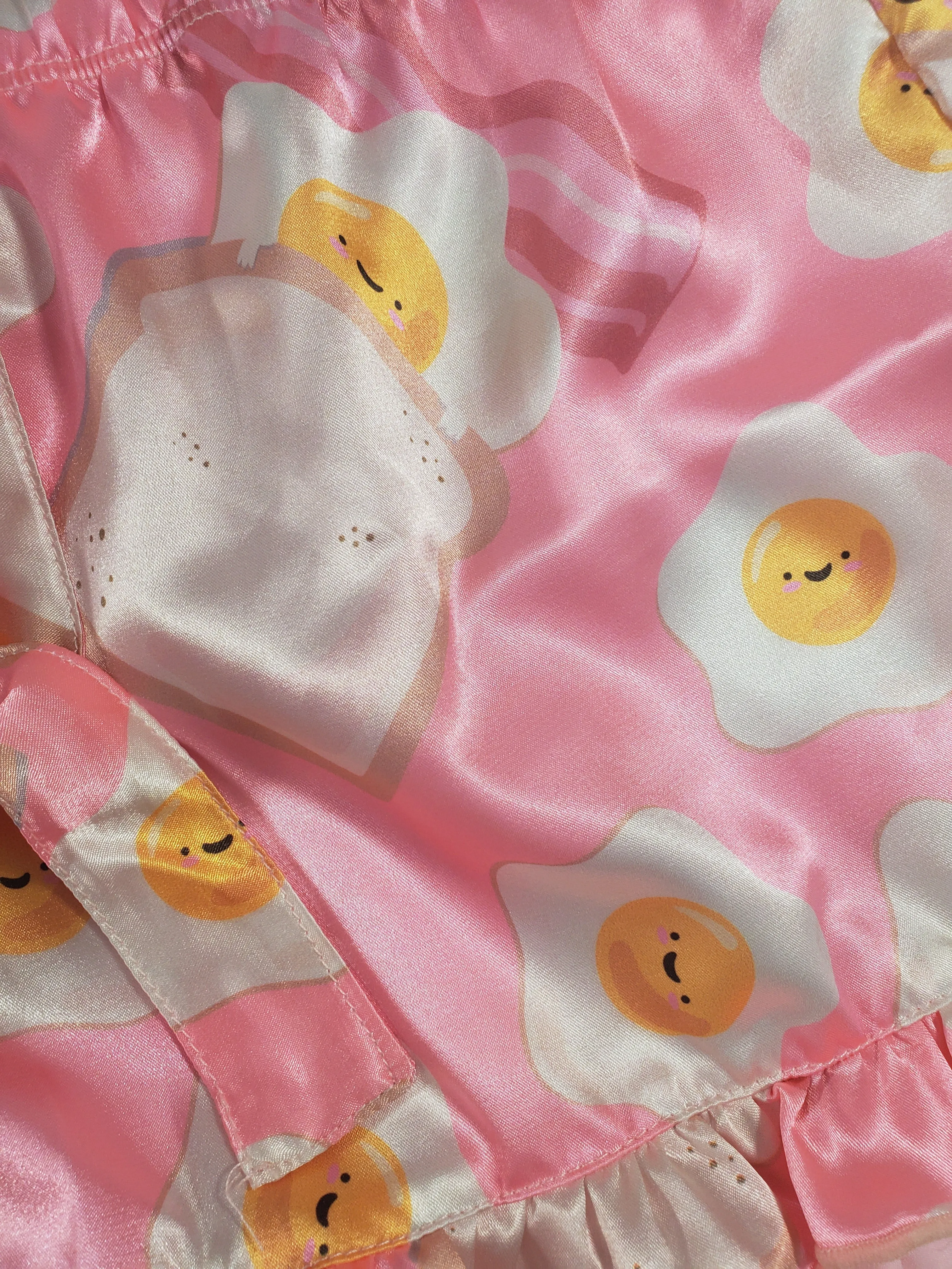 Women's Mellow pajama set pink satin shorts fried eggs and toast theme white blouse