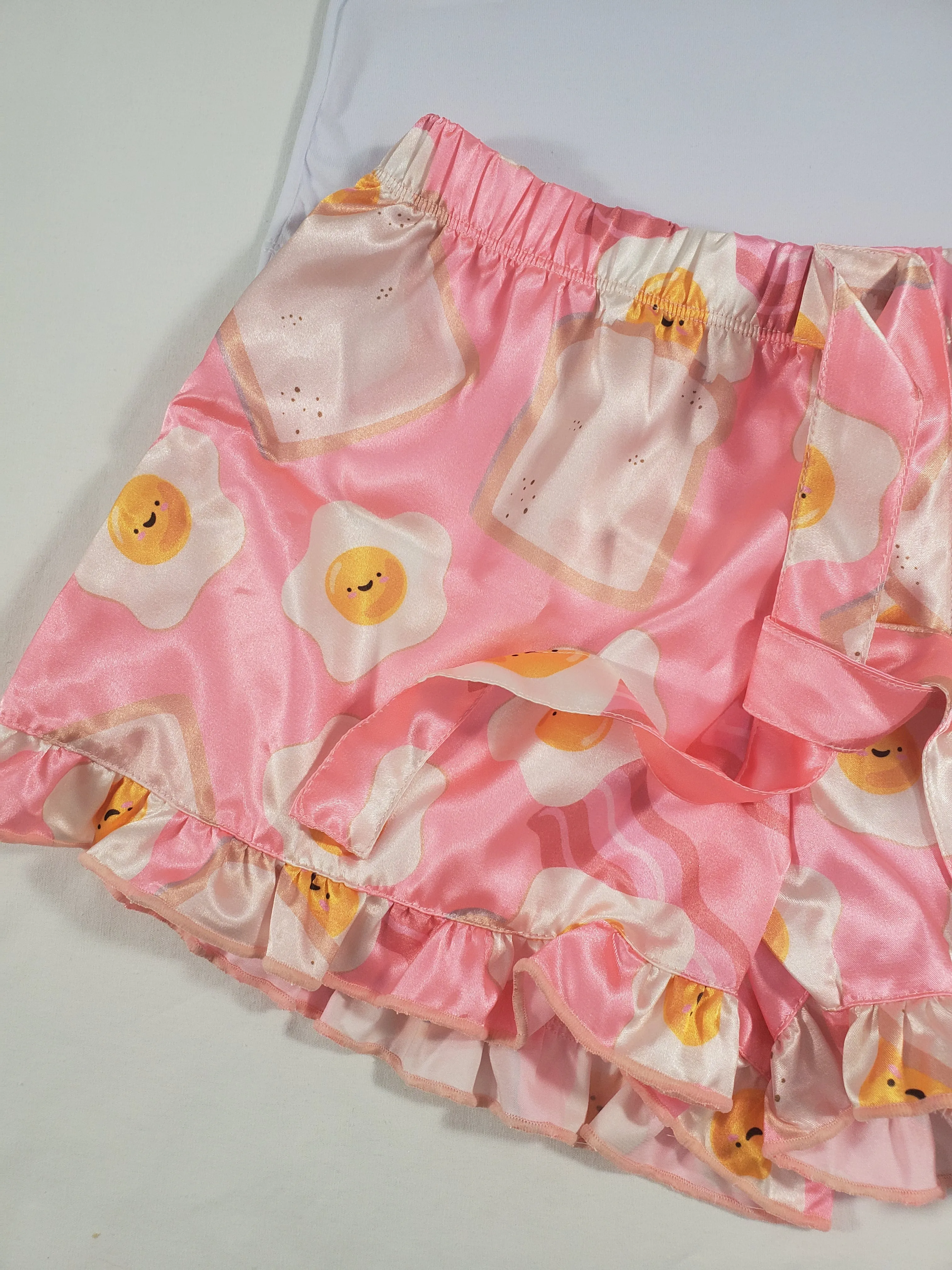 Women's Mellow pajama set pink satin shorts fried eggs and toast theme white blouse