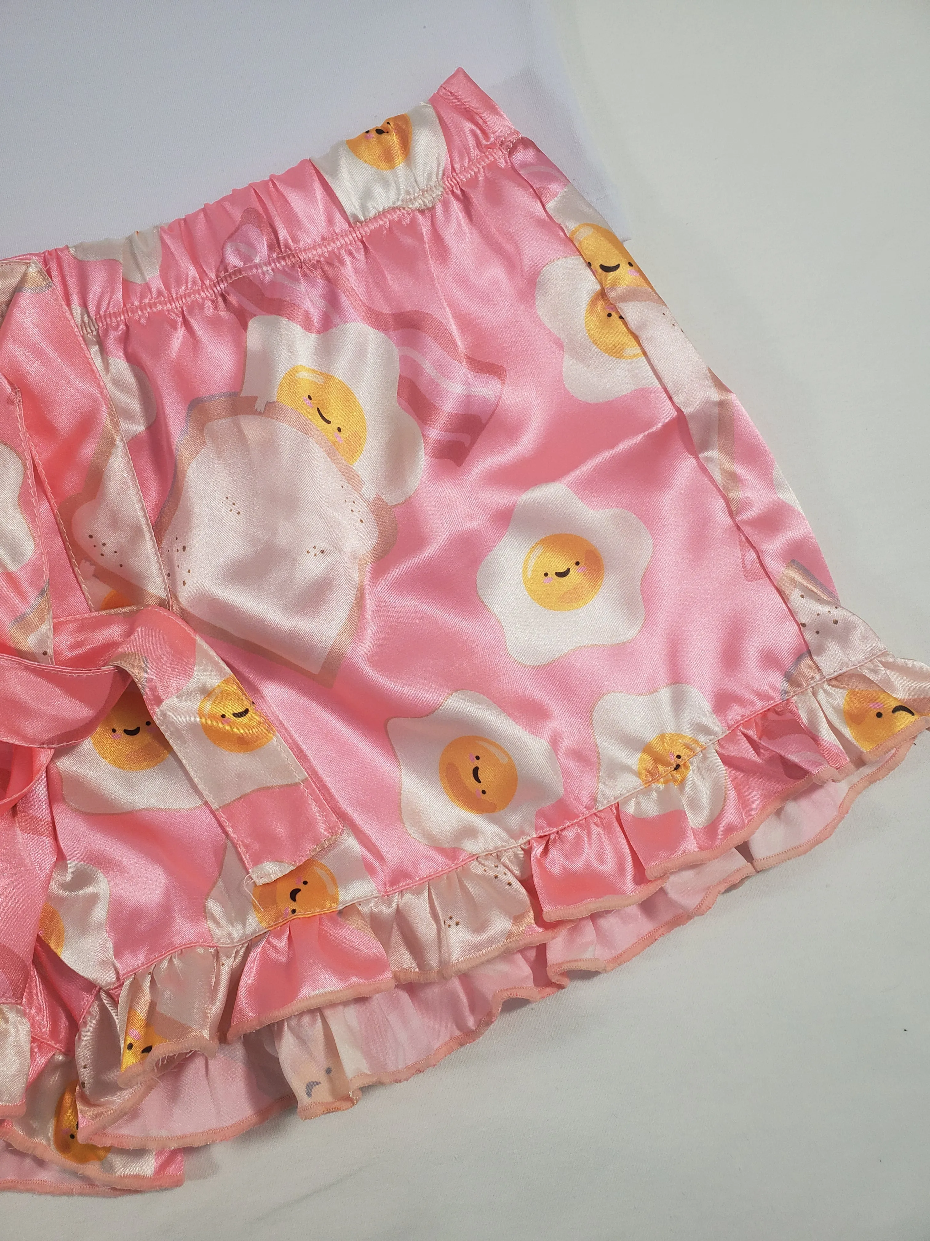 Women's Mellow pajama set pink satin shorts fried eggs and toast theme white blouse