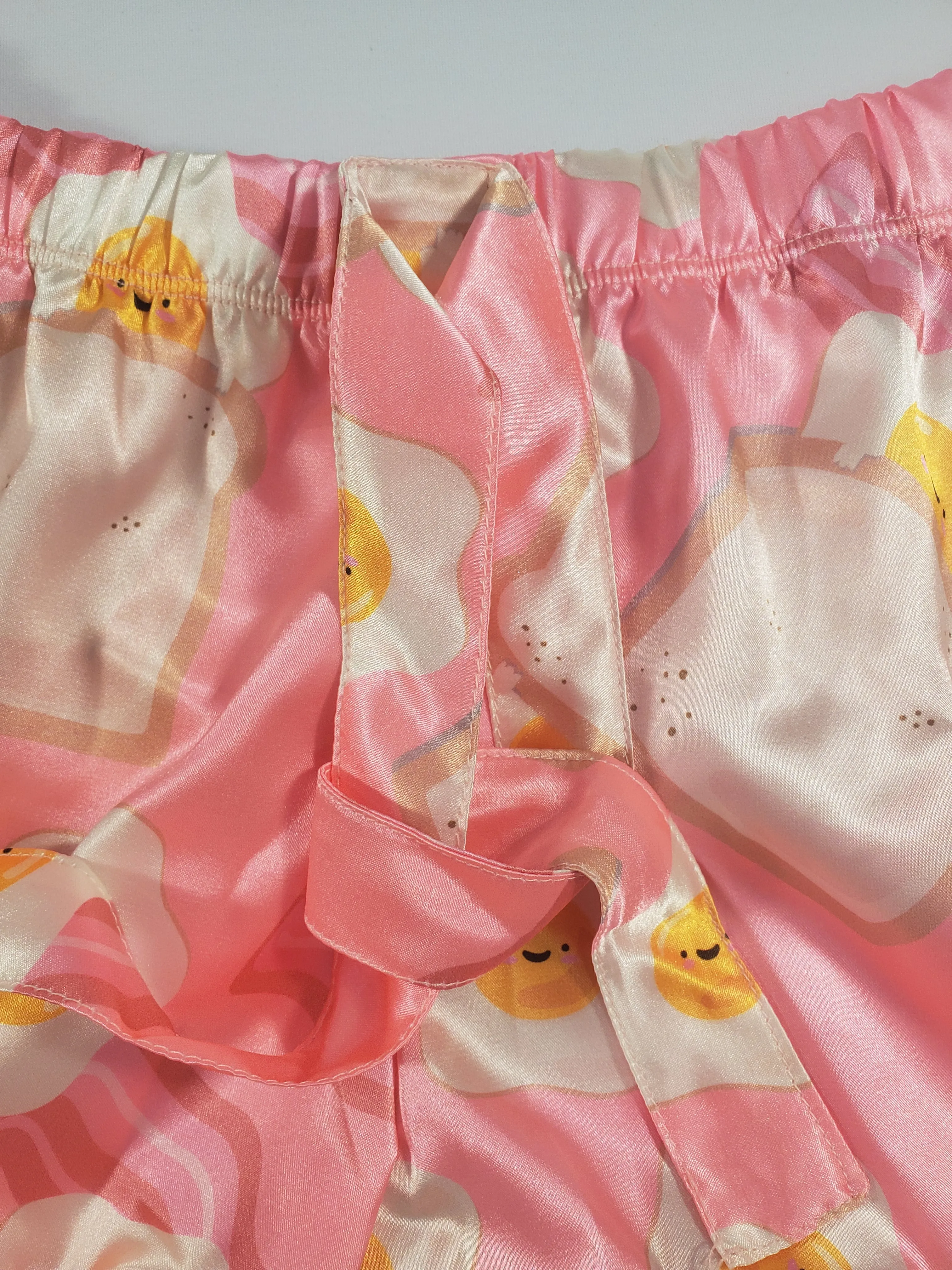 Women's Mellow pajama set pink satin shorts fried eggs and toast theme white blouse