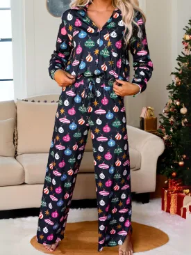 Womens Navy Blue Colorful Christmas Lights Print Shirt and Pants Pajama Set