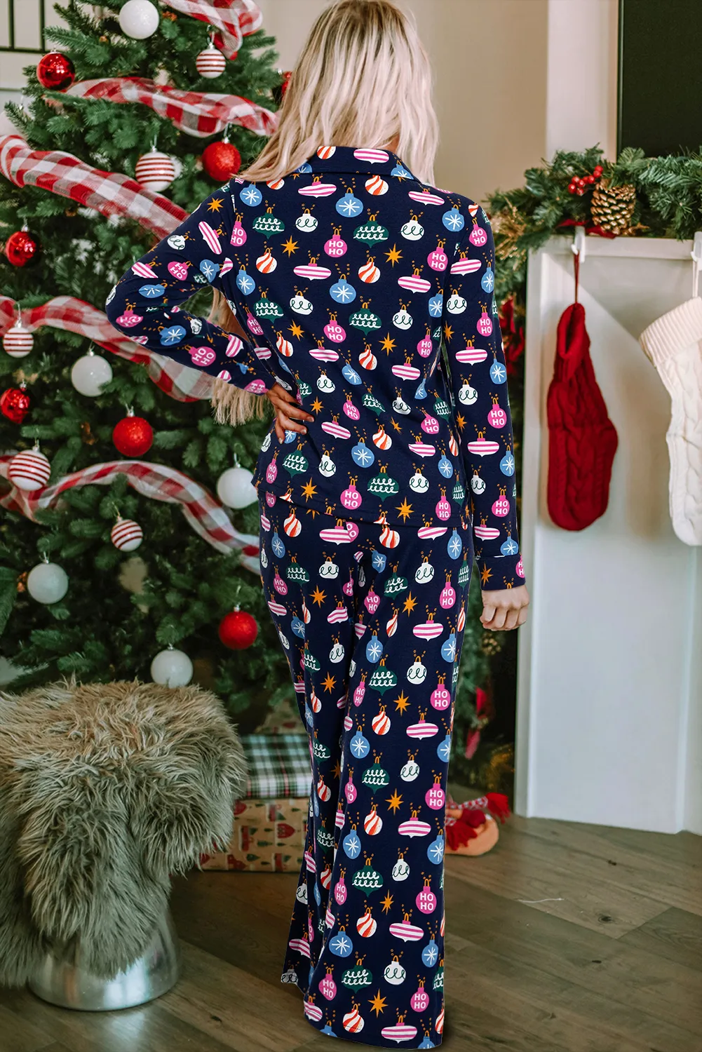 Womens Navy Blue Colorful Christmas Lights Print Shirt and Pants Pajama Set