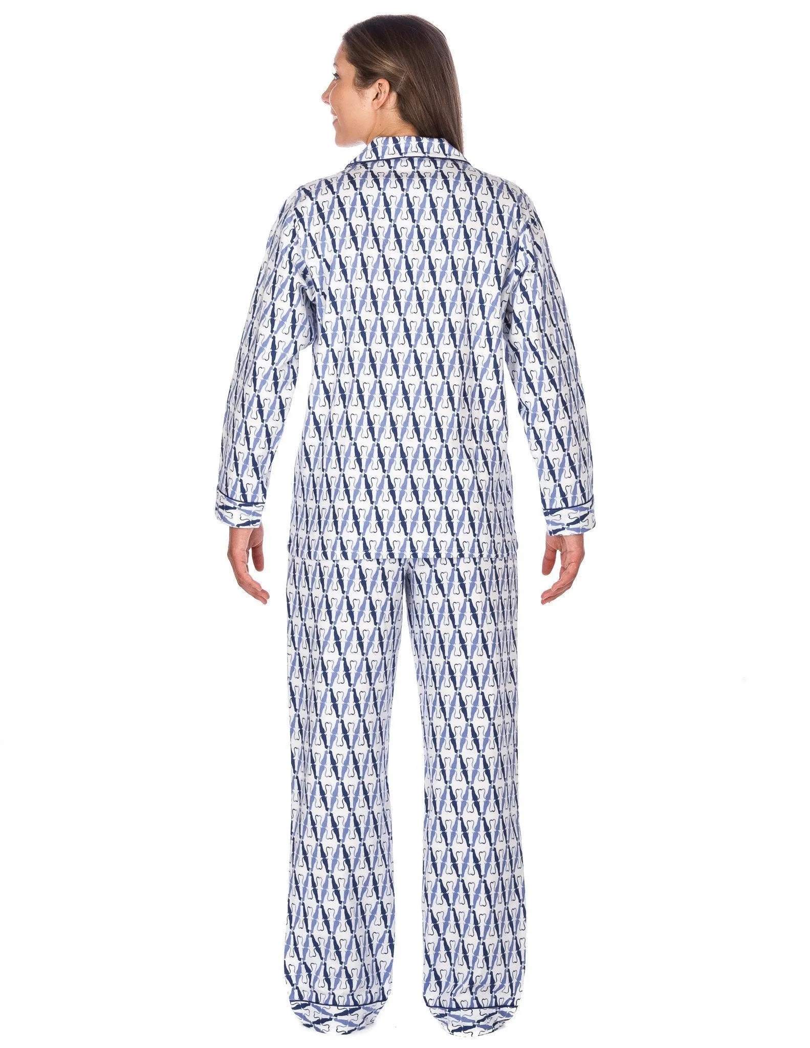 Women's Premium 100% Cotton Flannel Pajama Sleepwear Set (Relaxed Fit) - Its A Cats World - White/Blue