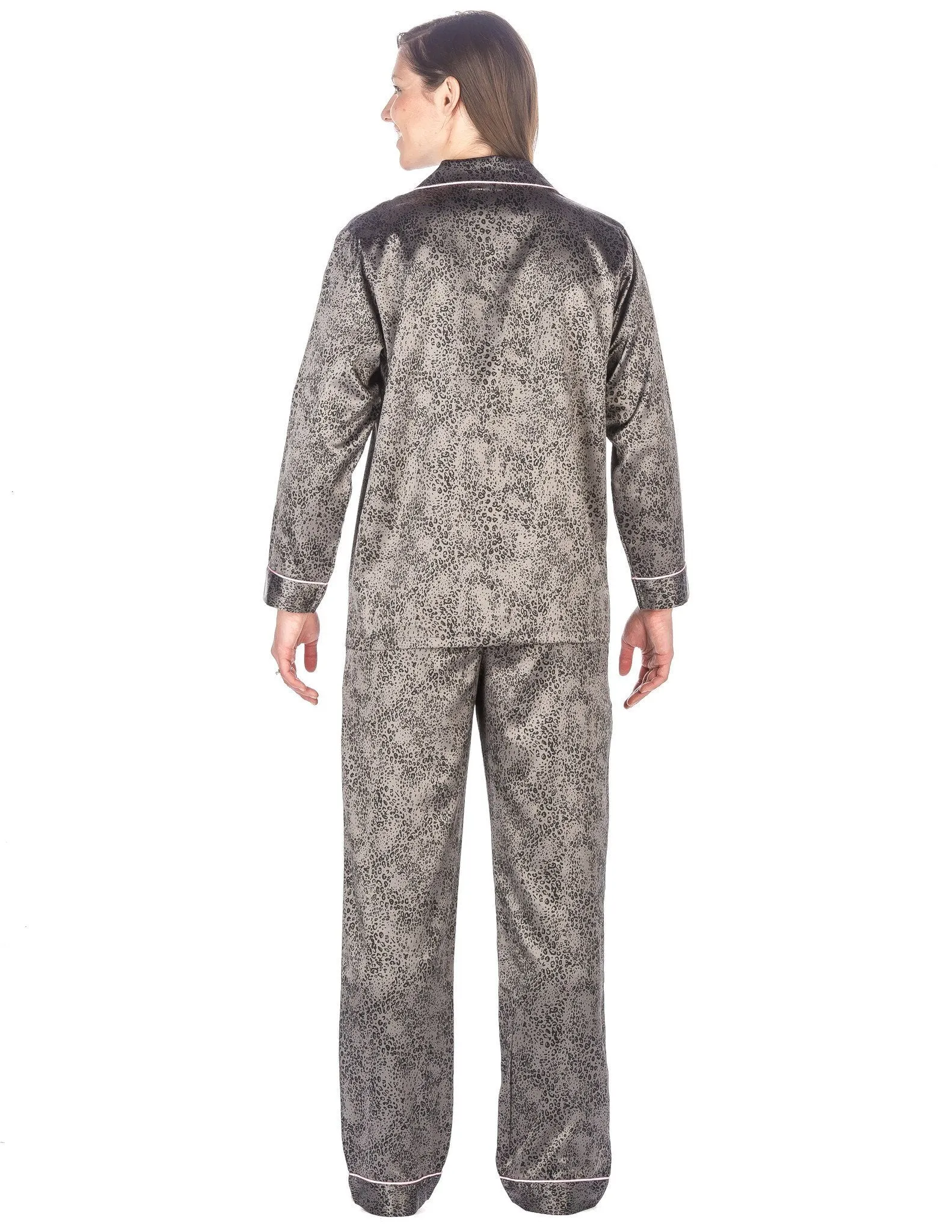 Women's Premium Satin Pajama Sleepwear Set - Leopard - Gray/Black