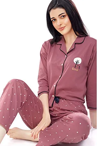 ZEYO Women's Cotton Dot Printed Brown Night Suit Set of Shirt & Pyjama 5242