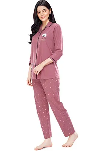 ZEYO Women's Cotton Dot Printed Brown Night Suit Set of Shirt & Pyjama 5242