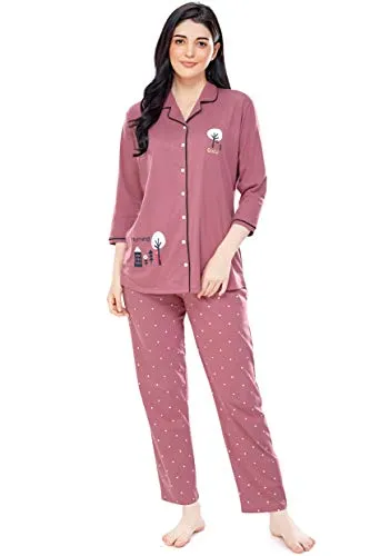 ZEYO Women's Cotton Dot Printed Brown Night Suit Set of Shirt & Pyjama 5242